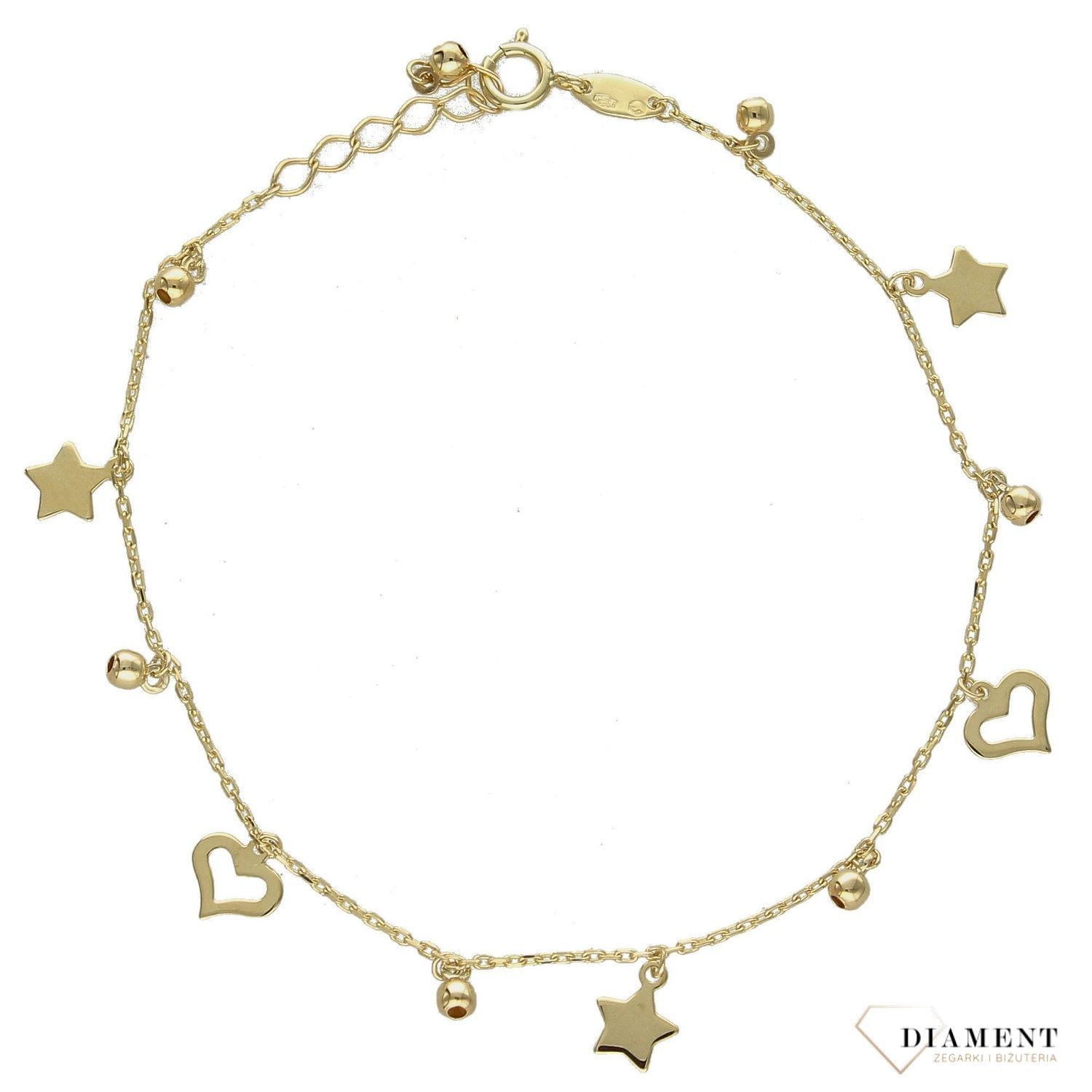 Złota bransoletka celebrytka 333 'wiszące elementy gwiazdka, kuleczki, serce' (1).jpg